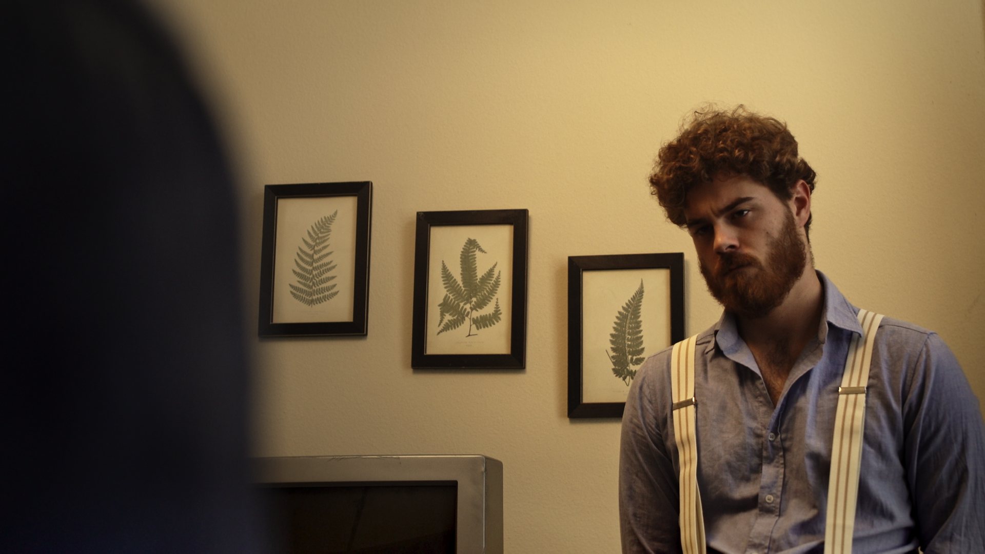 Still from God's Second Best Man: a man in suspenders beside framed fern prints