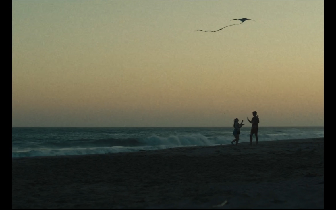 Still from What's Life: a kite flying over two figures on a beach at dusk